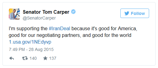 سی امین سناتور حامی توافق هسته ای ایران