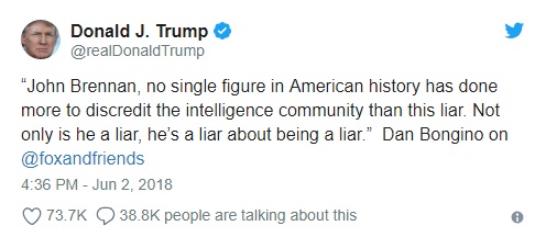 ترامپ در توئیتی، جان برنان مدیر سابق سازمان سیا را دروغگو خواند