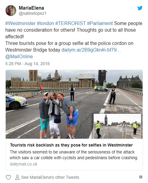 سلفی گرفتن بی مورد توریست ها از محل حادثه تروریستی لندن، خشم لندنی ها را برانگیخت
