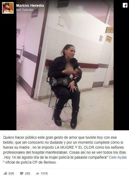 تحسین افسر پلیس در آرژانتین به خاطر شیر دادن به کودک دچار سوءتغذیه