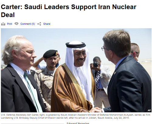 وزیر دفاع آمریکا پس از دیدار با پادشاه عربستان، از حمایت عربستان درمورد توافق هسته ای ایران می گوید