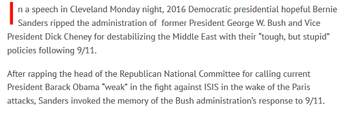 برنی سندرز: وجود داعش و تروریست نتیجه حماقت و نادانی جورج بوش و دیک چنی است